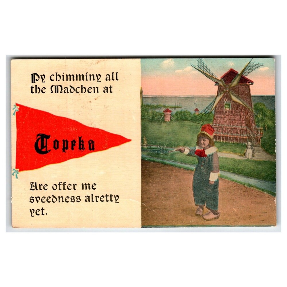 Vintage Topeka Kansas Dutch Kid Windmill Pennant Humorous Postcard c.1910s